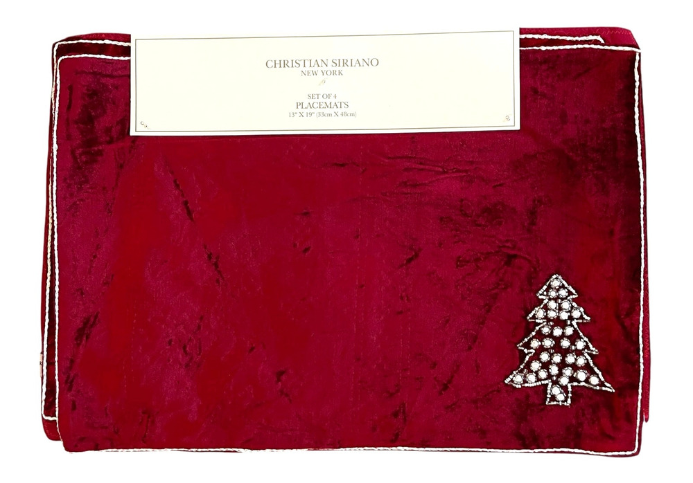 Christian Siriano Christmas Red Velvet Velour Beaded Tree Placemat Set of 4 New